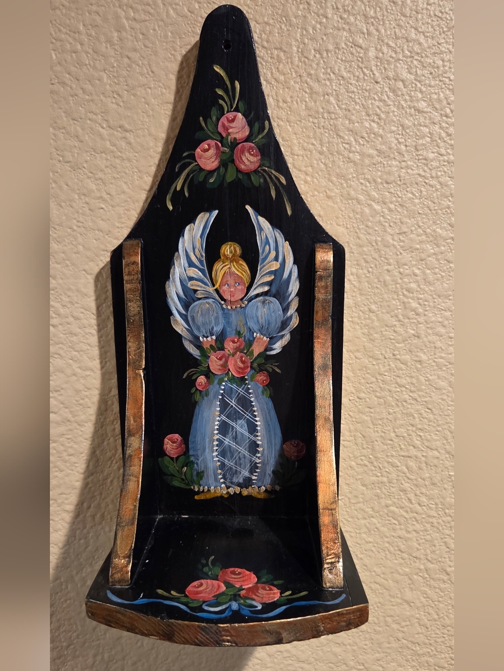 Vtg Rosemaling Wall Shelf Angel Wood Norwegian Folk Art Sconce Hand-painted